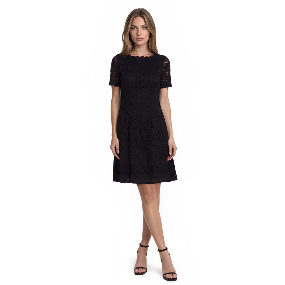 Adrianna Papell Dress Women's Size 10 Black Lace Fit & Flare Scalloped Boat Neck